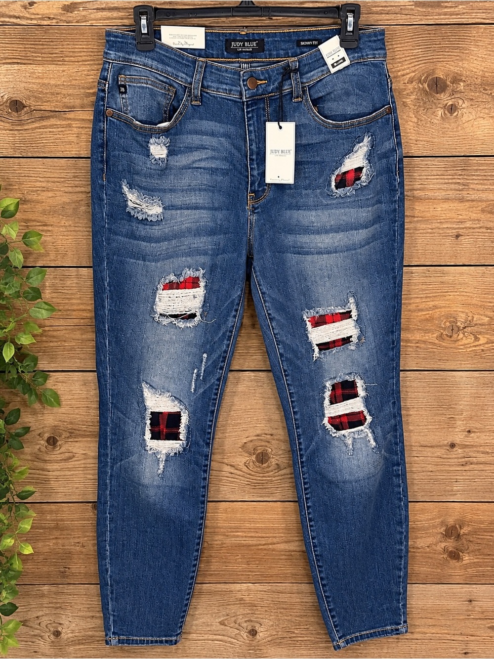 Judy Blue 14W Skinny Jeans Mid Rise Distressed Plaid Patch Denim NWT